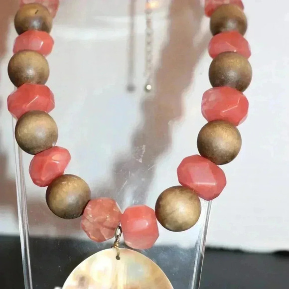 Chunky Rose Quartz and Wood 16" Necklace with 2" Mother of Pearl Pendant - Picture 2 of 6